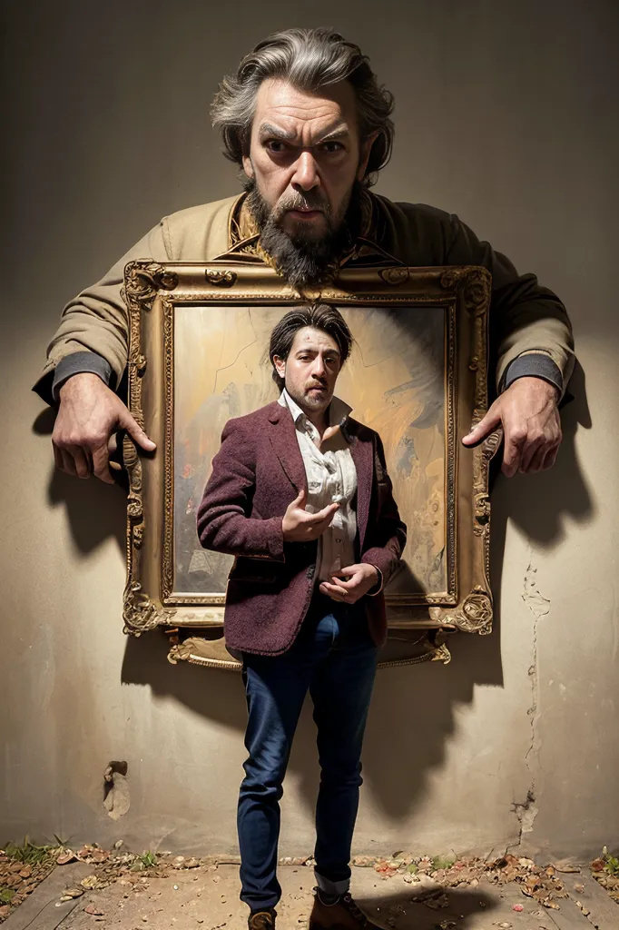 The image shows a man standing in front of a wall. He is wearing a maroon suit, white shirt, and jeans. He has his hands in his pants pocket and is looking at the camera. There is a large painting of the same man hanging on the wall behind him. The painting is in a gold frame, and the man in the painting is wearing the same clothes as the man in the photo. The man in the painting has a stern expression on his face, while the man in the photo has a more relaxed expression.