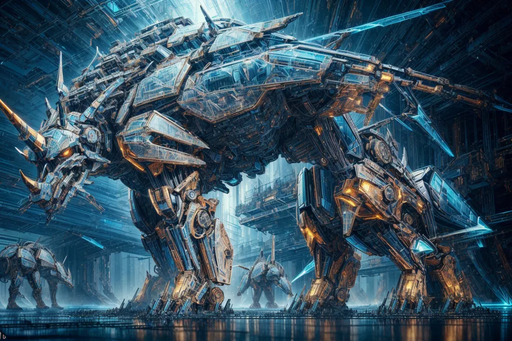 The image is a digital painting of a group of robotic dinosaurs. The dinosaurs are depicted as large, powerful creatures with metallic skin and glowing blue eyes. They are standing in a futuristic city, surrounded by tall buildings and advanced technology. The dinosaurs are armed with weapons. The painting is done in a realistic style, and the dinosaurs are depicted in great detail. The image is full of action and excitement, and it captures the viewer's imagination.