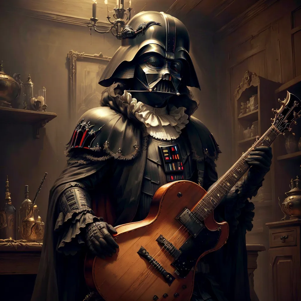 A imagem mostra Darth Vader, o icônico vilão da série Star Wars, tocando uma guitarra elétrica. Ele está vestindo uma armadura preta e uma capa preta, e tem um sabre de luz vermelho preso ao seu cinto. Ele está em pé em uma sala escura, com uma cortina vermelha atrás dele. Há um espelho do lado esquerdo da imagem e uma pintura de uma mulher do lado direito. A imagem é escura e sombria, e captura a essência do personagem de Darth Vader.