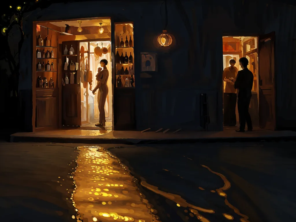 The image is a street scene at night. It is raining and the street is wet. There is a street lamp on the left side of the street and a shop on the right side. The shop is open and there are people inside. There is a man and woman standing outside the shop talking. There is a baby in the woman's arms.