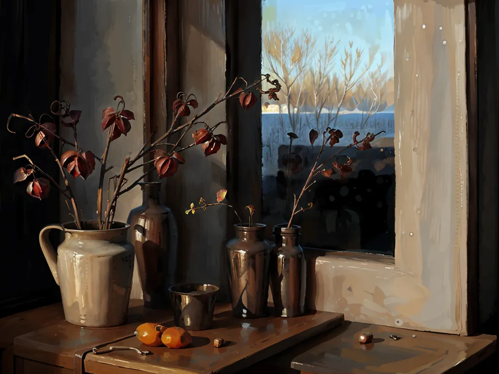 The image is a still life painting. It depicts a windowsill with a number of objects on it. There are three vases on the left side of the windowsill. The vase on the left is a ceramic jug with a wide mouth. It is about 1/3 filled with water and a few dead branches with red leaves are sticking out of it. The middle vase is a tall, narrow glass vase. It is also about 1/3 filled with water and there are a few dead branches with yellow leaves sticking out of it. The vase on the right is a wide, shallow glass bowl. It is filled with water and there is a single green leaf floating on the surface.

In front of the vases, on the wooden table, are two small, round, orange fruits. There is also a metal bowl sitting on the table.

The window on the right side of the image is covered in frost. There are a few bare trees outside the window. The sky is a pale blue.

The painting is done in a realistic style. The artist has used muted colors and soft brushstrokes to create a sense of peace and tranquility.