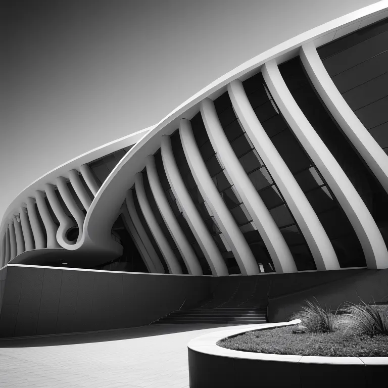 The image is in black and white. It shows a modern building with a curved, wave-like roof supported by a series of curved columns. There are steps leading up to the building, and there are some plants in front of the building.