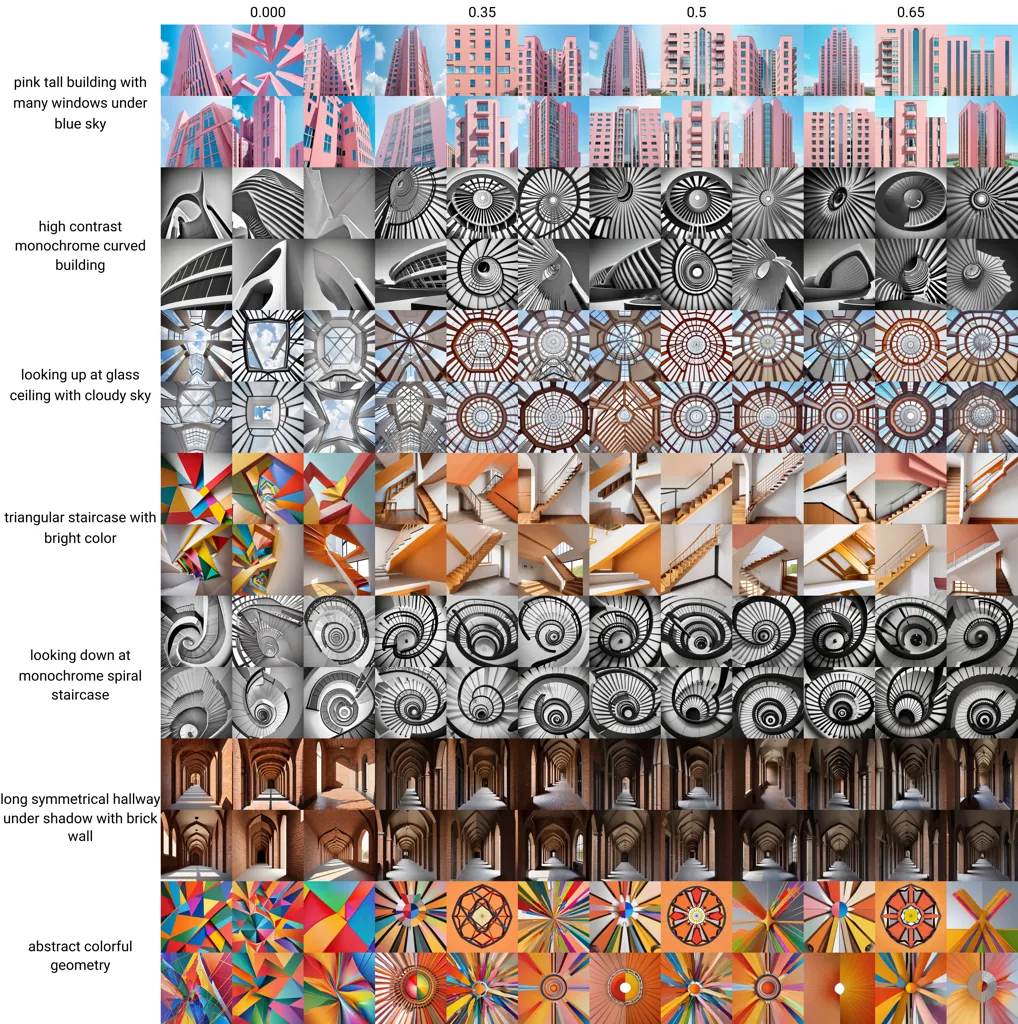 この画像は14枚の異なる建築様式の画像で構成されたグリッドです。
1枚目は青空の下にある多くの窓のある桃色の建物です。
2枚目は曲線的な建物の高コントラストの白黒画像です。
3枚目はガラスの天井と曇り空の画像です。
4枚目は明るい色の三角形の階段です。
5枚目はらせん階段の画像です。
6枚目は煉瓦の壁のある長い廊下の画像です。
7枚目は色彩豊かな抽象的な幾何学模様の画像です。
8枚目は青空の下の建物の画像です。
9枚目は赤い空の下の建物の画像です。
10枚目は黄色い空の下の建物の画像です。
11枚目は緑色の空の下の建物の画像です。
12枚目は紫色の空の下の建物の画像です。
13枚目はピンクの空の下の建物の画像です。
14枚目はオレンジ色の空の下の建物の画像です。