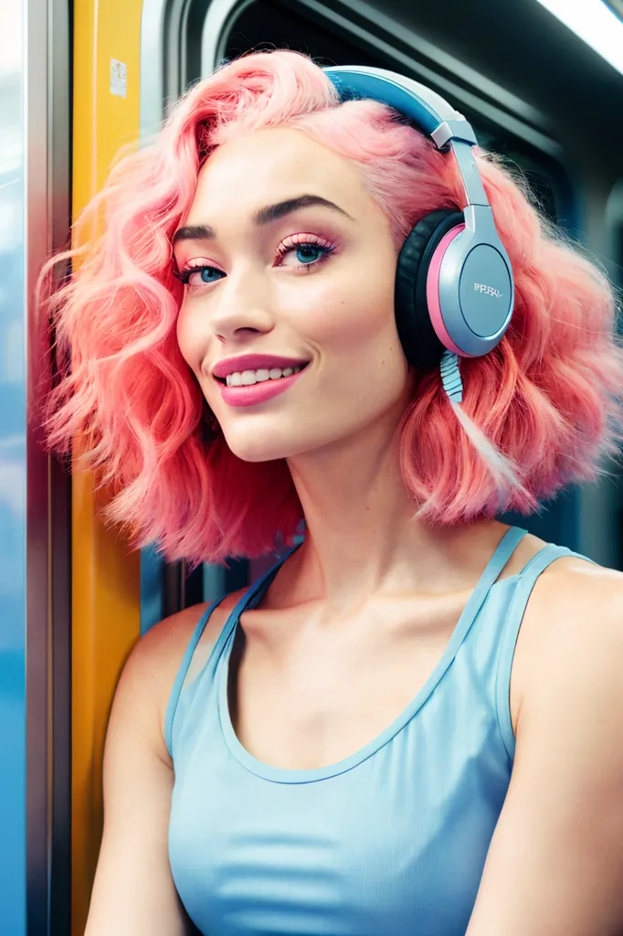 The image shows a young woman with pink hair and blue eyes. She is wearing a blue tank top and has a pair of headphones on. She is standing in front of a yellow background with a blue door behind her. The woman is smiling and looking at the camera.