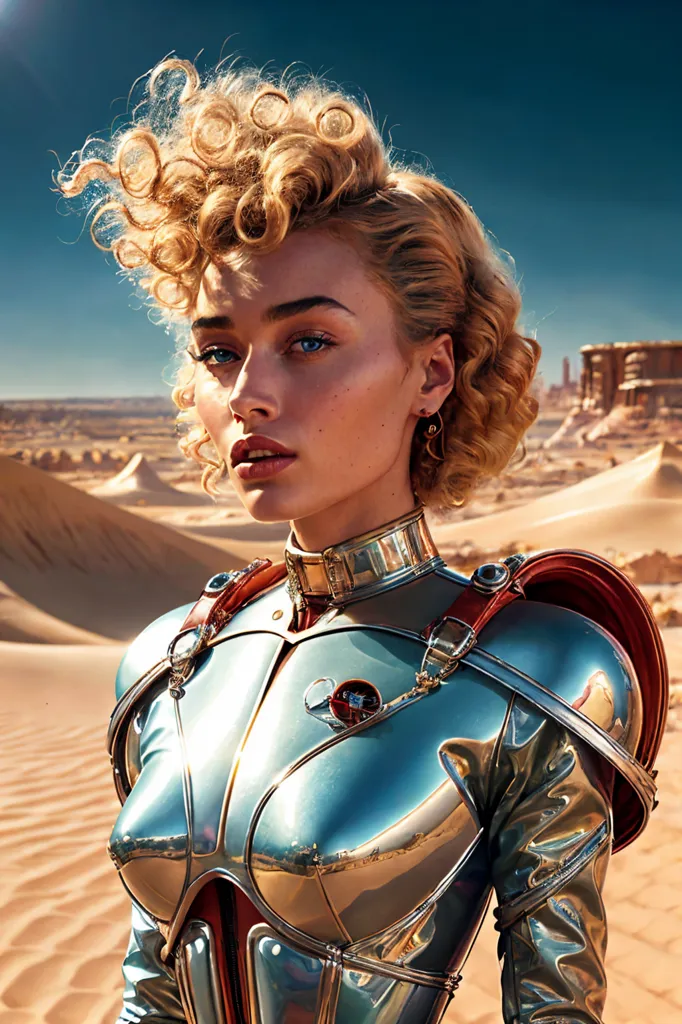 The image shows a woman wearing a metallic silver breastplate with red details. She has curly blond hair and blue eyes. She is standing in a desert landscape with large sand dunes in the background.