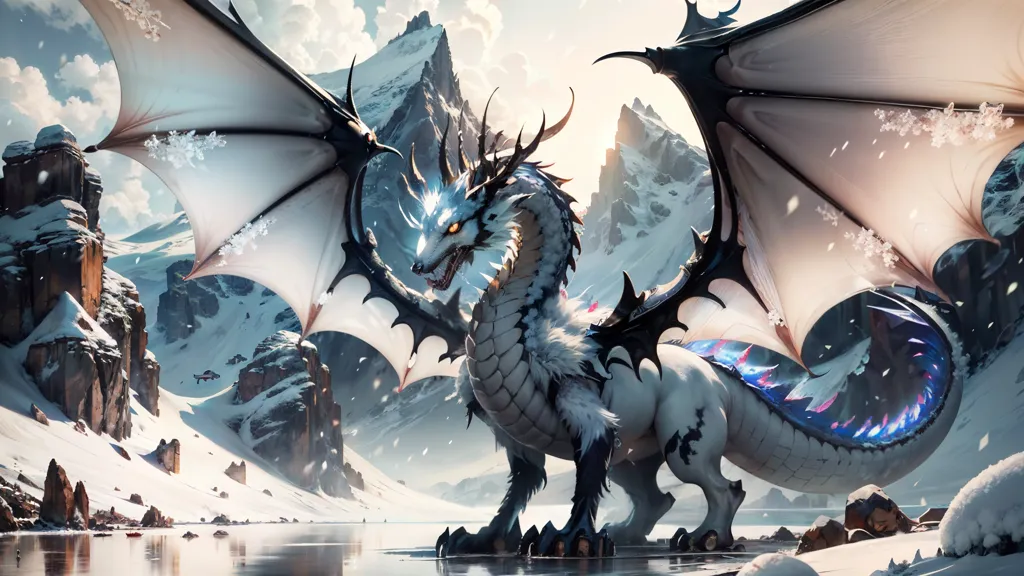 La imagen es una pintura de un dragón blanco con cuernos y alas negras. El dragón está de pie sobre un lago congelado frente a una cordillera nevada. El dragón está respirando hielo y nieve. La pintura es muy detallada y realista.