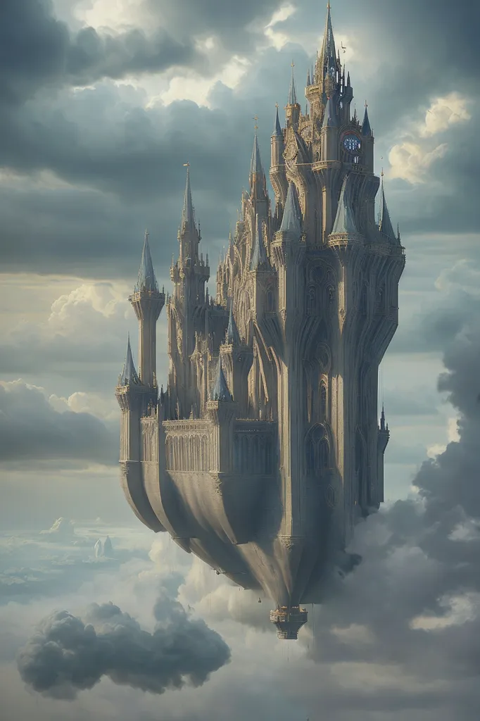 The image is a digital painting of a castle in the sky. The castle is made of gray stone and has many towers and turrets. It is surrounded by clouds and there is a storm brewing in the background. The castle is very detailed and looks like it is from a fairy tale.