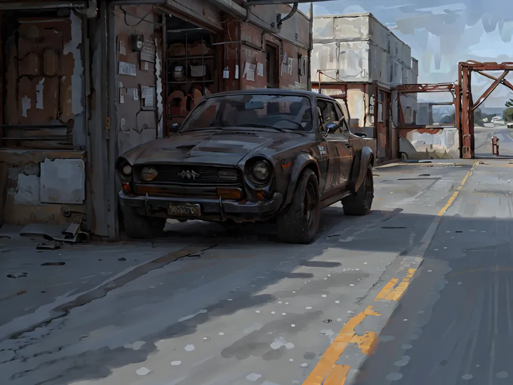 The image shows an abandoned city street with a rusty black car parked on the side. The street is lined with damaged buildings and debris. The sky is cloudy and there is a yellow line painted on the road.