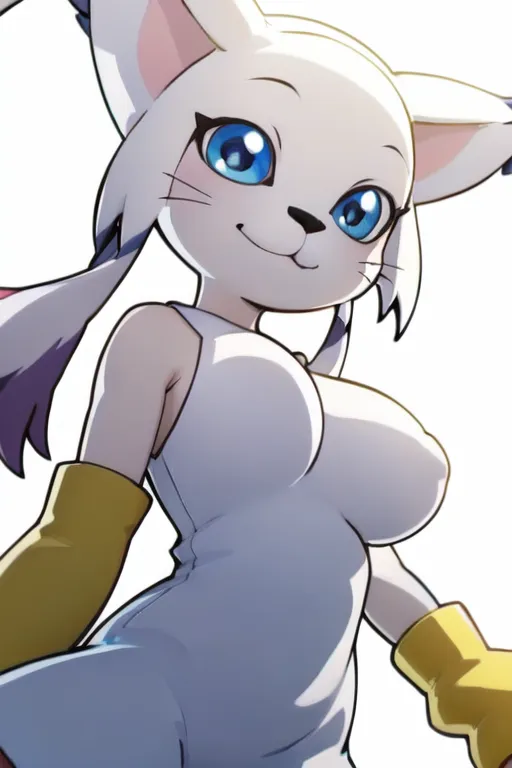 The image is of a white cat-like creature with blue eyes and a pink nose. It is wearing a white dress with yellow gloves and has a yellow collar with a blue ring on it. The creature is smiling and has a confident expression on its face. It is standing on two legs and has a long tail that is curled up at the end. The background is white and there are no other objects in the image.