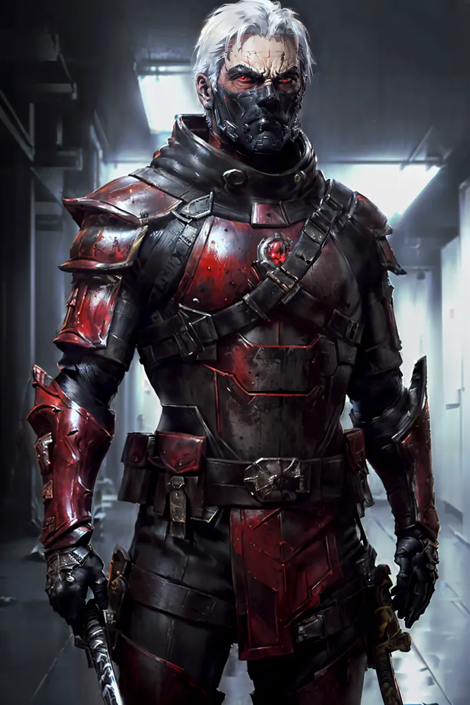 The image shows a man in a futuristic combat suit. The suit is mostly black with red accents. The man's face is hidden by a mask, and his eyes are glowing red. He is holding a pair of swords. The background is a dark, futuristic hallway.