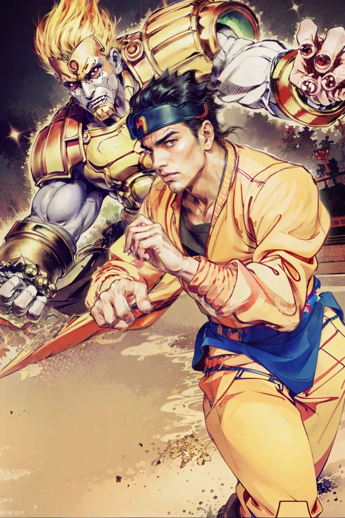 The image is of two men, one in a yellow outfit and the other in a golden armor. The man in the yellow outfit has a determined expression on his face, and he is holding his fists in a ready position. He is wearing a headband and has a yellow jacket. The man in the golden armor has a more menacing expression on his face, and he is also holding his fists in a ready position. He is wearing a helmet and has a large shield on his back. The background of the image is a blur of yellow and orange colors.