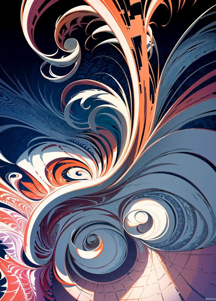 The image is an abstract painting. It has a dark blue background with a lot of colorful swirls. The swirls are made of different shades of blue, orange, white, and pink. The painting has a very dynamic and energetic feel to it. It seems to be depicting a storm or some other kind of natural phenomenon.