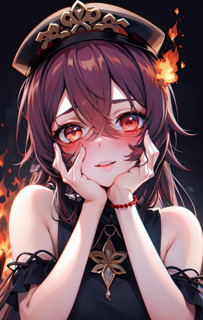 The image is of a young woman with long brown hair and red eyes. She is wearing a black dress with a white collar and a red hat with a flame-shaped symbol on it. She has a shy expression on her face and is holding her hands together in front of her chest. There are flames in the background.