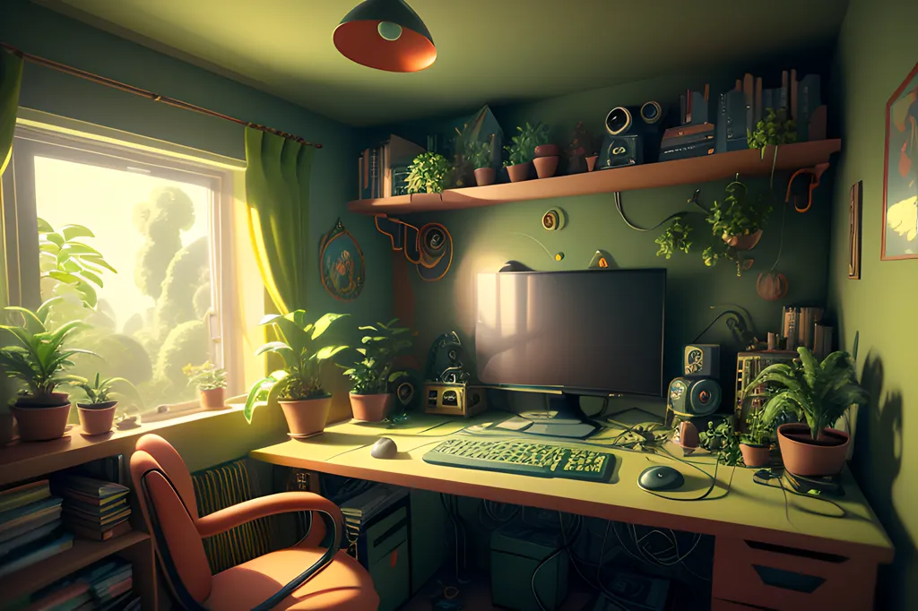 The image is a cozy and bright home office. There is a large window that lets in plenty of natural light. The walls are painted a light green color and there is a brown wooden desk. On the desk is a computer, keyboard, mouse, and several plants. There is also a comfortable brown leather chair in front of the desk. The room is decorated with several pieces of art, including paintings and sculptures. There are also several plants on the shelves and in the corners of the room. The overall atmosphere of the room is one of peace and tranquility.