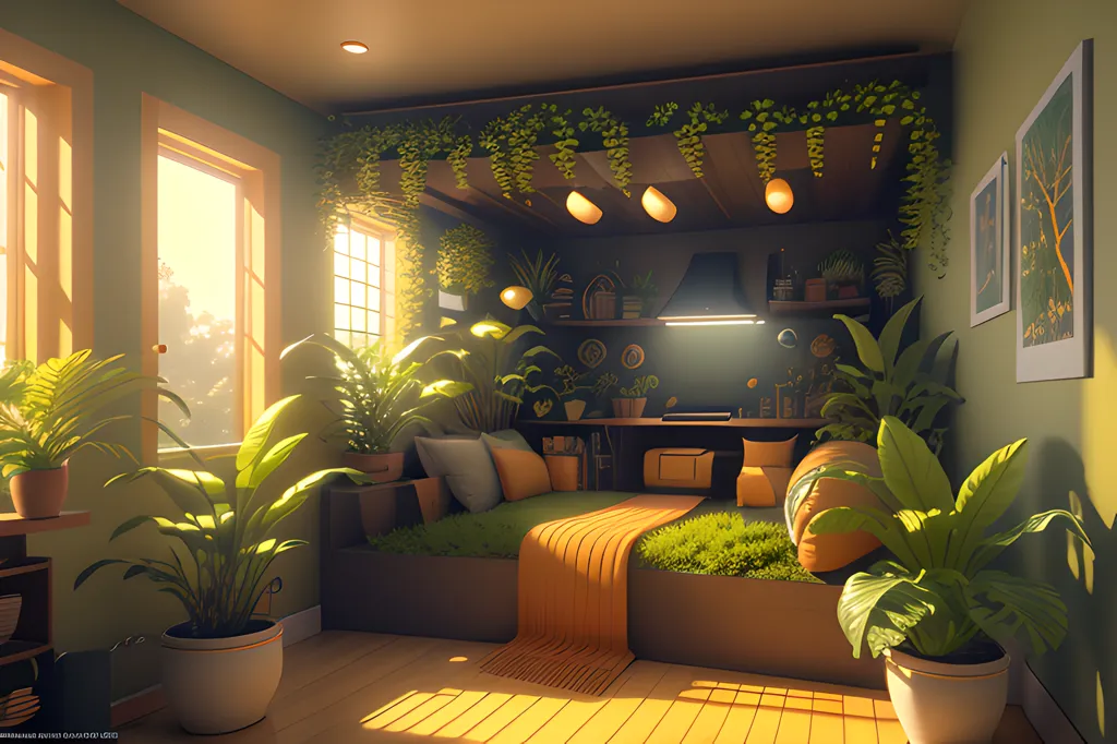 The image is a living room with a lot of plants. There are two windows, a couch, and a desk. The couch is covered in pillows and blankets, and there is a rug on the floor. The desk has a computer on it, and there are books and papers on the walls. The plants are all different types, and they are all over the room. There is a bright light coming in from the windows, and it is casting shadows on the walls. The overall effect of the image is one of peace and tranquility.