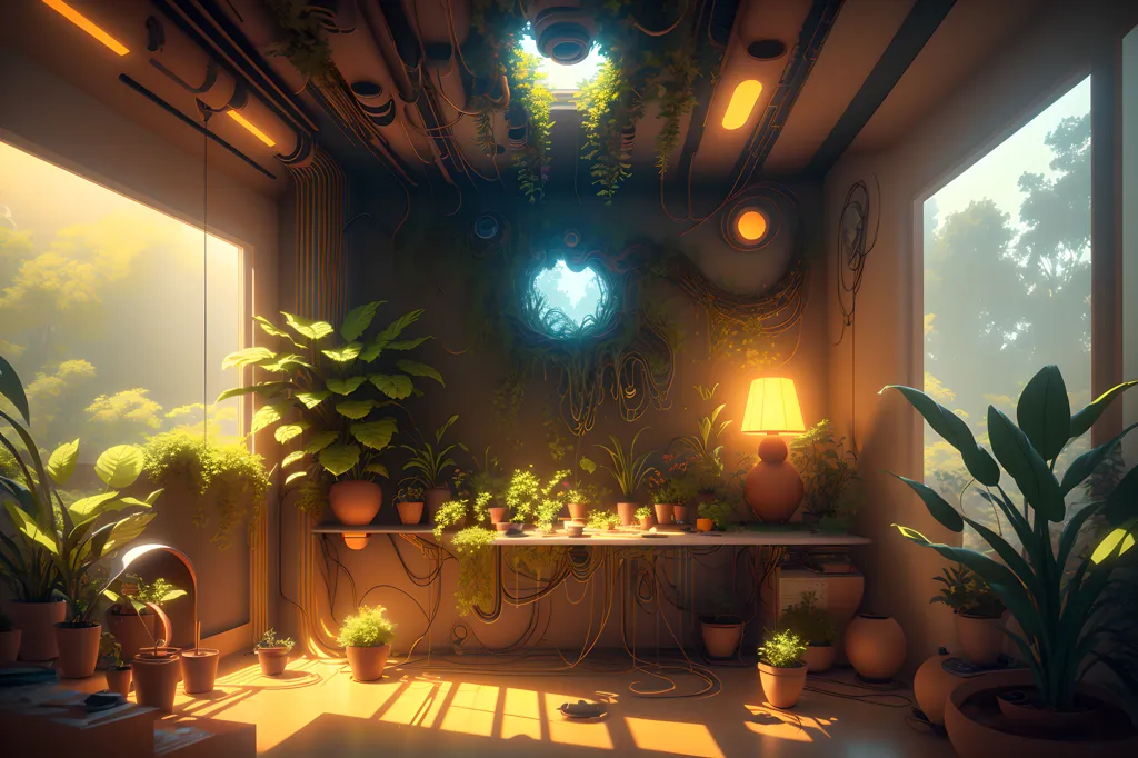 The image is a 3D rendering of a room with a lot of plants. The room is lit by two large windows and a skylight. There is a wooden table in the center of the room with a variety of plants on it. There are also plants on the floor, on shelves, and hanging from the ceiling. The room is decorated with a variety of objects, including a lamp, a mirror, and a vase. The overall style of the room is modern and minimalist.