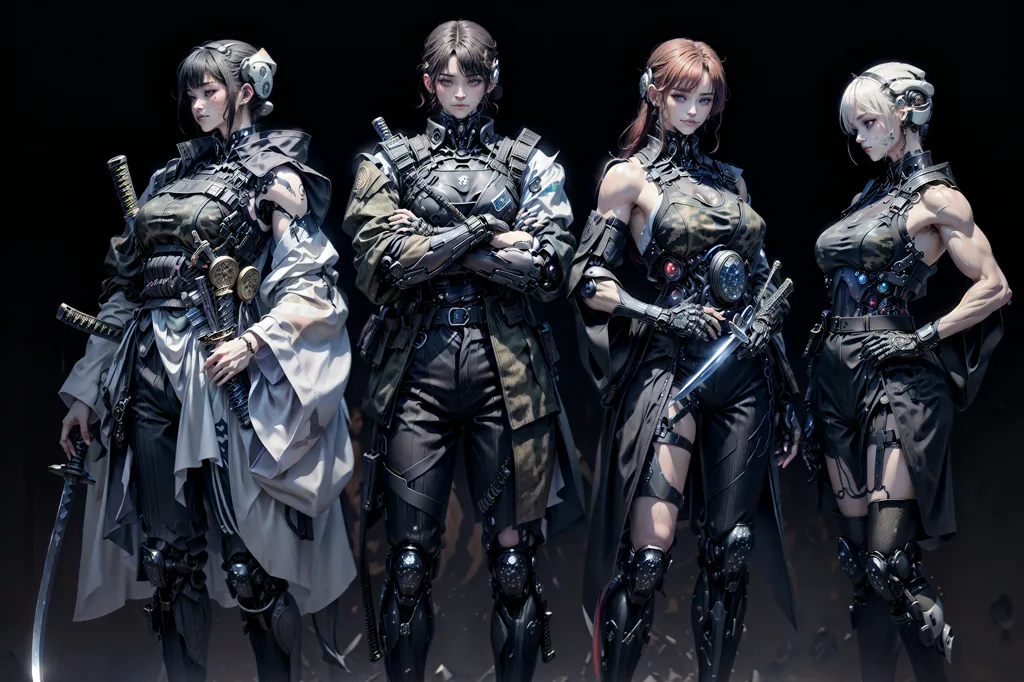 The image shows four female characters. They are all wearing black clothes and have cybernetic enhancements. The woman on the left has a sword, the woman next to her has a gun, the woman in the middle has a knife, and the woman on the right has a whip. They all have serious expressions on their faces and are looking at the viewer.