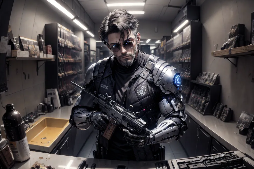 The image shows a man with dark hair and a beard, wearing a black vest with a lot of gadgets and a silver robotic arm. He is also wearing black pants and boots. He is holding a gun and there are shelves with various items behind him. He is standing in what appears to be a secret room.