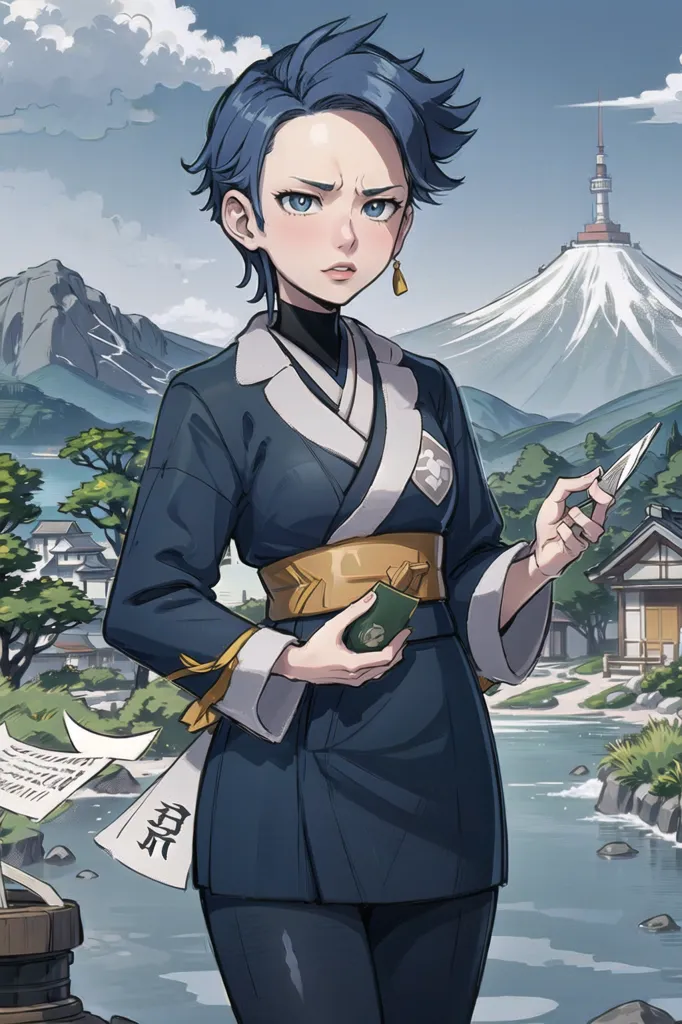 The image shows a young woman standing in a traditional Japanese village. She is wearing a blue kimono with a white obi and has short blue hair. She is looking at the viewer with a serious expression on her face. In her right hand, she holds a brush, and in her left hand, a folded paper. There is a mountain in the background and a river in the foreground.