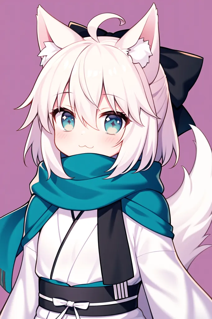 The image is of an anime-style girl with white hair and blue eyes. She is wearing a white kimono with a blue scarf and has fox ears and a fox tail. She is smiling and has a happy expression on her face. The background is a light pink color.