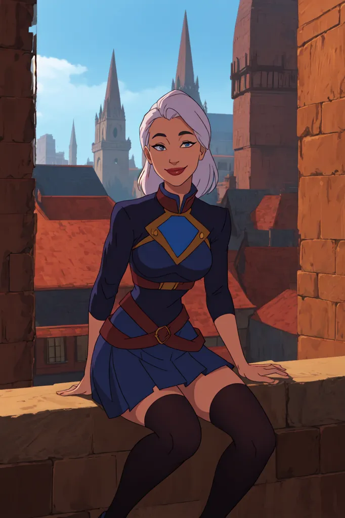 The image is of a young woman with silver hair and blue eyes. She is wearing a blue and brown outfit and is sitting on a ledge. The background is a cityscape with tall buildings and a blue sky. The woman is smiling and has a confident expression on her face. She is wearing a blue shirt with a brown belt and brown boots. She is also wearing a blue skirt. The ledge she is sitting on is made of stone and has a brown brick wall behind it. The city in the background is made up of tall buildings with red roofs. The sky is blue and there are some clouds in the distance. The woman is sitting in a relaxed pose with her legs crossed and her hands resting on her knee. She has a confident expression on her face and is looking at the viewer.