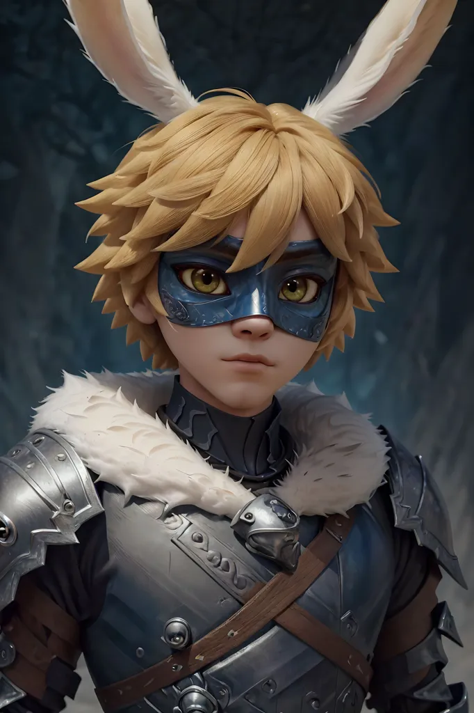 The image is of a young man with blond hair and green eyes. He is wearing a blue mask and a silver breastplate. He has a white fur cape around his neck and two rabbit ears on his head. He is looking at the viewer with a serious expression.