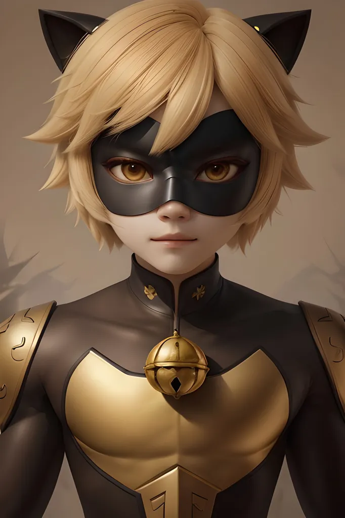 The image shows a young man with blond hair and green eyes. He is wearing a black and gold cat-themed superhero costume with a mask, and has cat ears.