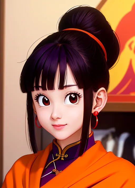 The image is of a young woman with purple hair and brown eyes. She is wearing an orange cheongsam with a purple collar and a white apron. Her hair is in a bun and she is wearing hoop earrings. She has a friendly expression on her face. The background is a blurred orange color.