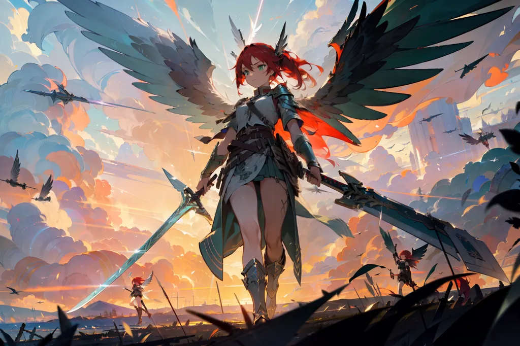 This is an image of a red-haired anime girl with wings. She is standing in a field of grass, with a large sword in each hand. She is wearing a white and green outfit, and her wings are outstretched. The background is a blue sky with white clouds. There are also several other anime girls with wings flying in the background.