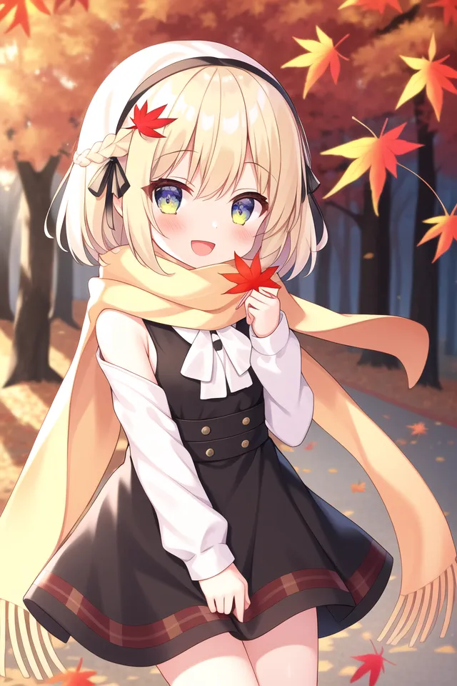 The image is of a young girl with short blonde hair and blue eyes. She is wearing a black dress with a white collar and a yellow scarf. The girl is standing in a forest of maple trees, and she is holding a red maple leaf in her hand. The background is a blur of orange and yellow leaves. The girl is smiling happily.