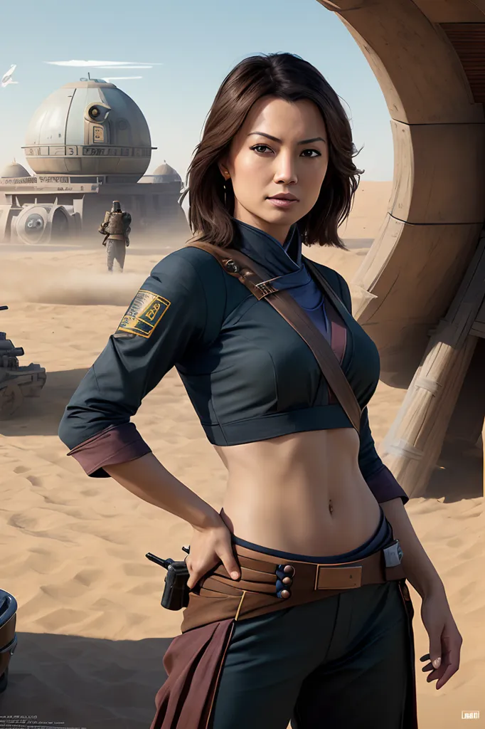 The image shows a young woman standing in the desert. She is wearing a black vest, brown pants, and a brown belt with a gun holster. She has a confident expression on her face and is looking at the camera. In the background, there is a large spaceship and a droid.