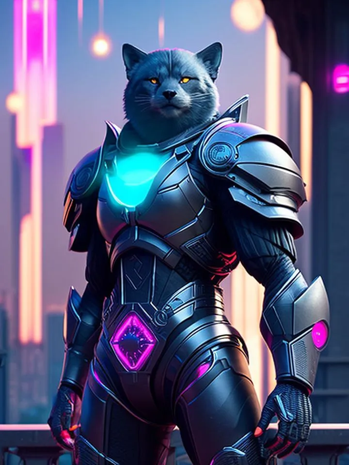 The image shows a muscular anthropomorphic cat wearing a black and grey armor with purple and blue details. The cat has its left hand in a fist, while the right one is open. There is a city in the background with skyscrapers and a lot of lights.