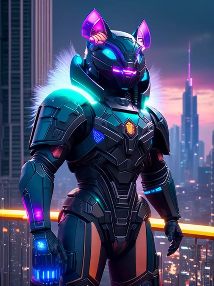 The image shows a futuristic soldier wearing a black and blue armored suit with cat-like ears and a visor. The soldier is standing on a rooftop, looking out over a city. The city is full of skyscrapers and bright lights. The soldier is holding a gun. The image is dark and moody, and the soldier looks like they are ready for battle.