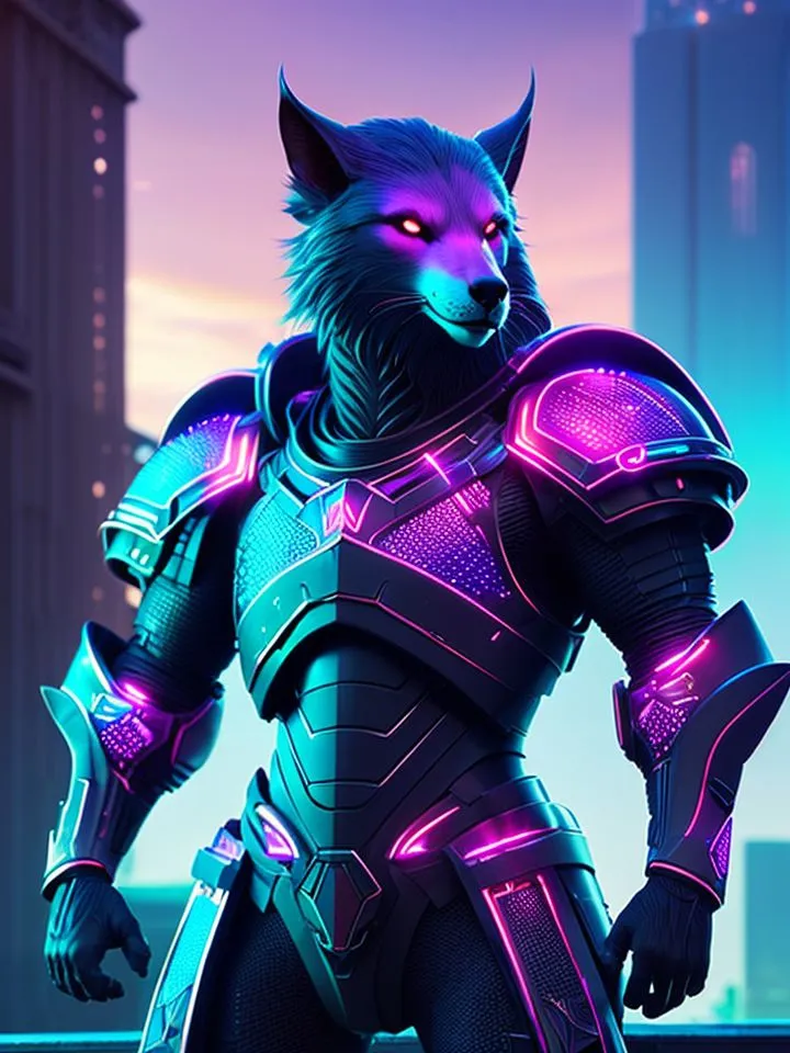 The image shows a muscular humanoid wolf standing on a rooftop in a futuristic city. The wolf is wearing black and blue armor with glowing pink highlights. It has glowing pink eyes and sharp teeth. The city is in the background and is out of focus. The wolf is looking at the viewer with a fierce expression.