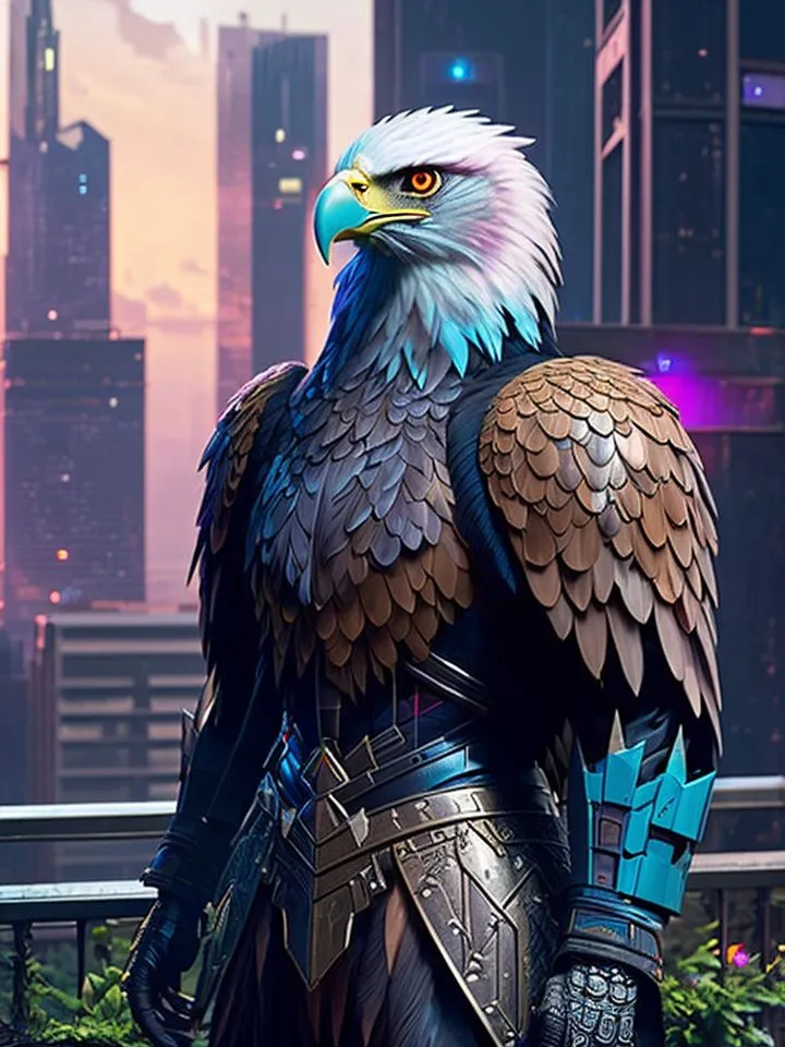 The image is an anthropomorphic eagle. The eagle is wearing futuristic armor and is standing on a rooftop in a city. The eagle's head is turned to the side and is looking at the viewer. The eagle's wings are folded behind its back. The background of the image is a cityscape with tall buildings and a blue sky.