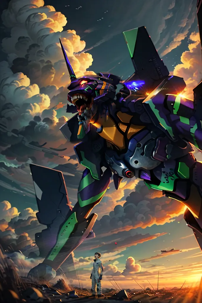 The image is of a giant purple and green robot standing in a destroyed city. The robot is standing on two legs and has its arms outstretched. It is looking down at a small human figure that is standing in front of it. The human figure is wearing a white shirt and pants. The background of the image is a sky full of clouds. The robot is an Evangelion Unit-01, a fictional robot from the anime series Neon Genesis Evangelion.