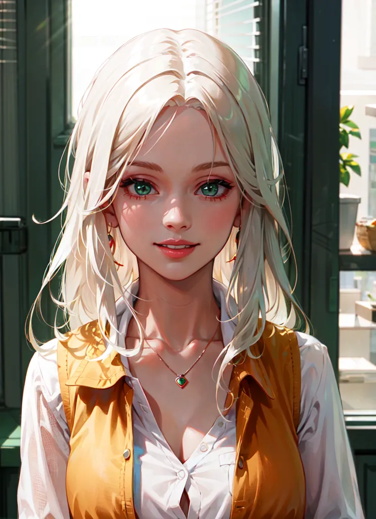 The image shows a beautiful young woman with long, flowing white hair and emerald green eyes. She is wearing a white blouse and a yellow vest. The woman has a gentle smile on her face and is looking at the viewer. She is standing in a room with a green door and a plant in the background.