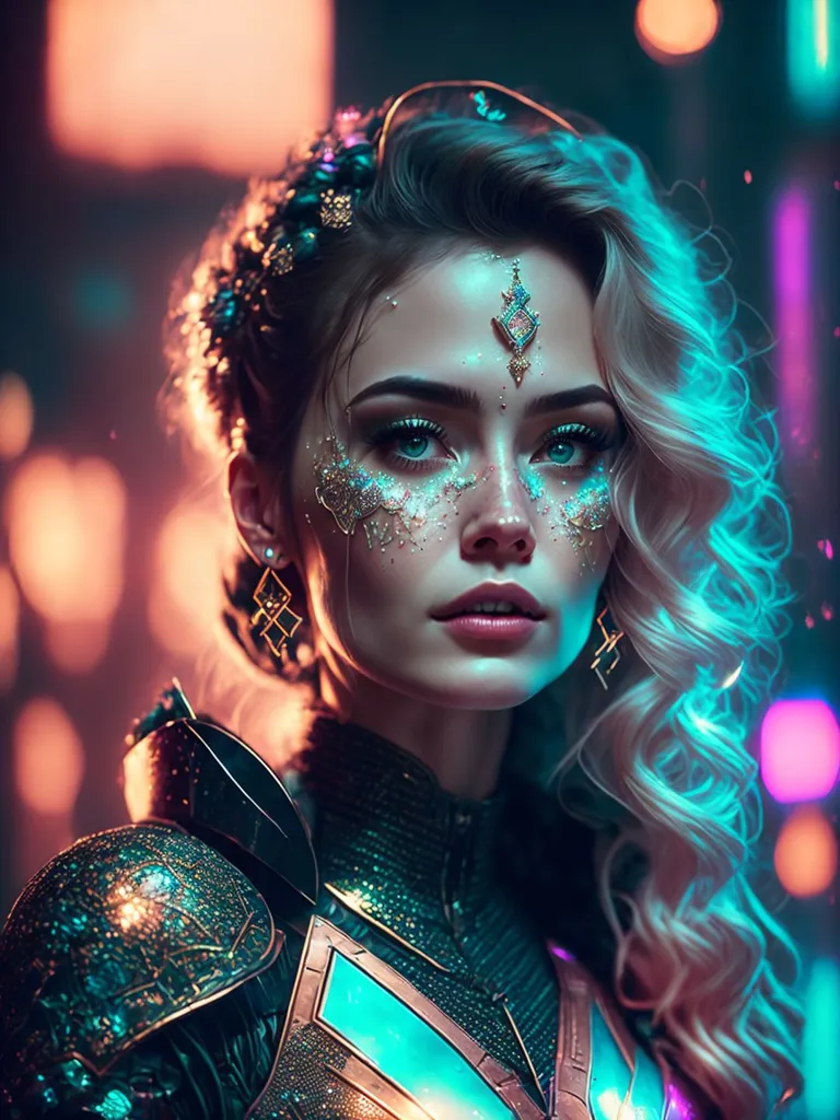 The image is a portrait of a beautiful woman with long, flowing hair. She is wearing a suit of armor and has a glowing blue gem in her forehead. Her eyes are blue and her skin is fair. She is standing in front of a blurred background of city lights.