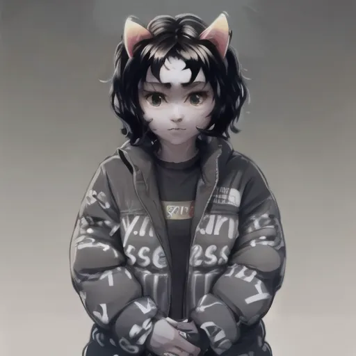 The image is a digital painting of a young girl with cat ears. She is wearing a black puffy jacket with white and gray Supreme logos all over. The jacket is unzipped and she is wearing a white t-shirt underneath. She has short black hair and yellow eyes. She is looking at the viewer with a slightly puzzled expression.