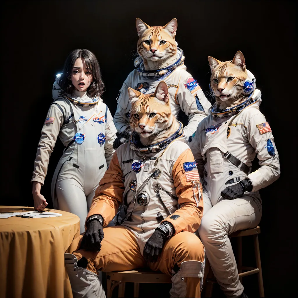 This is an image of four cats in astronaut suits. There are three cats standing behind a table, and one cat is sitting in a chair. The cat sitting in the chair has a surprised look on its face. The cat standing in the middle is holding a pen. The cat on the left is holding a clipboard. The cat on the right is holding a book.