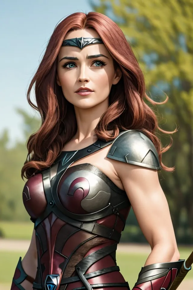 This image shows a young woman, probably in her 20s, with an athletic build. She has long, wavy red hair, blue eyes, and a beauty mark on her right cheek. She is wearing a red and gray breastplate with shoulder pads. She is also wearing a silver tiara and a brown leather belt with a silver buckle. She is standing in a field, with trees and mountains in the background.