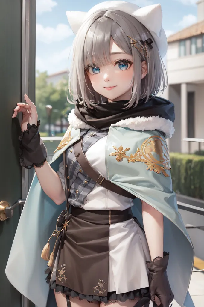 The image is of a young girl with white cat ears standing in a doorway. She has blue eyes and a gentle smile. She is wearing a white and blue hooded cloak with gold trim, a white blouse, and a brown skirt. She is also wearing black gloves and a brown belt with a gold buckle. The background is blurry, but it looks like there are trees and buildings in the distance.