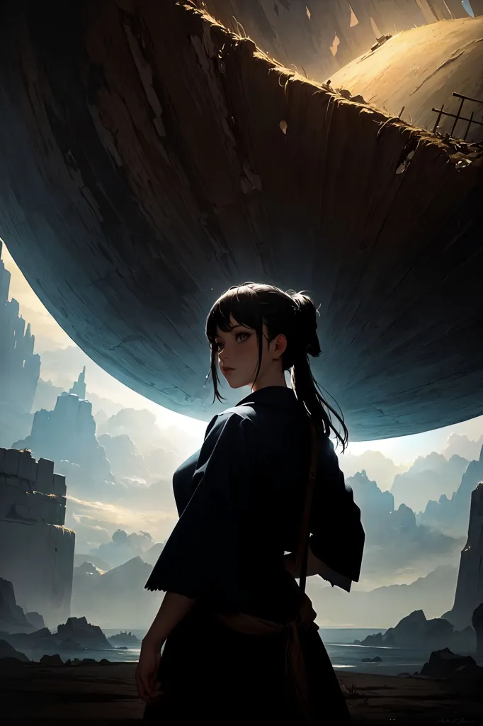 This is an image of a girl standing on a beach, looking out at the ocean. There is a large, dark object in the sky above her. The object is round and has a rough surface. It appears to be a giant sphere. The girl is wearing a dark blue kimono. She has long, black hair and brown eyes. She is standing with her feet shoulder-width apart and her arms at her sides. Her expression is one of calm determination. The background of the image is a dark, cloudy sky. There are mountains in the distance. The water in the foreground is dark and still. The image is a digital painting. It is done in a realistic style. The colors are muted and the lighting is dramatic. The image is full of mystery and intrigue. It leaves the viewer wondering what is happening and what will happen next.