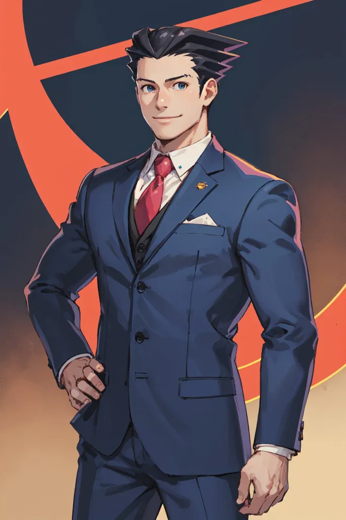 The image is of a young man, with a confident smile on his face. He is wearing a tailored blue suit and red tie, with a white dress shirt and gold tie pin. His hair is neatly combed, and he has a small stud earring in his left ear. He is standing with one hand on his hip and the other holding his suit jacket closed. He has a determined look in his eyes, like he is ready to take on any challenge.