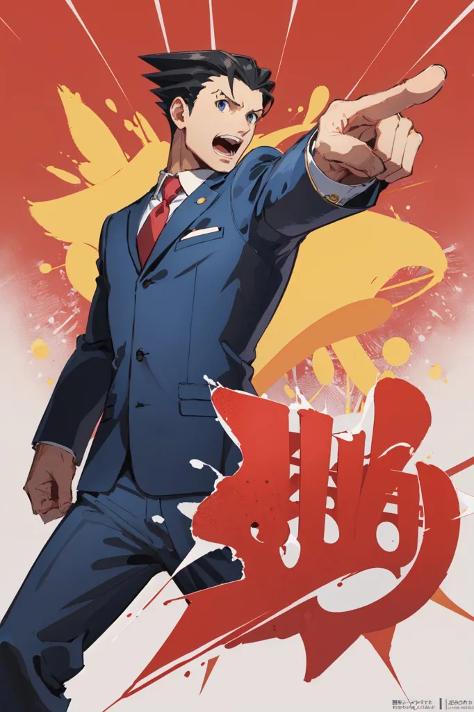 The image shows a man in a blue suit and red tie with his finger pointing forward. He has a determined expression on his face. The background is red and yellow. The man is shouting. There is a Japanese text on the right side of the image.