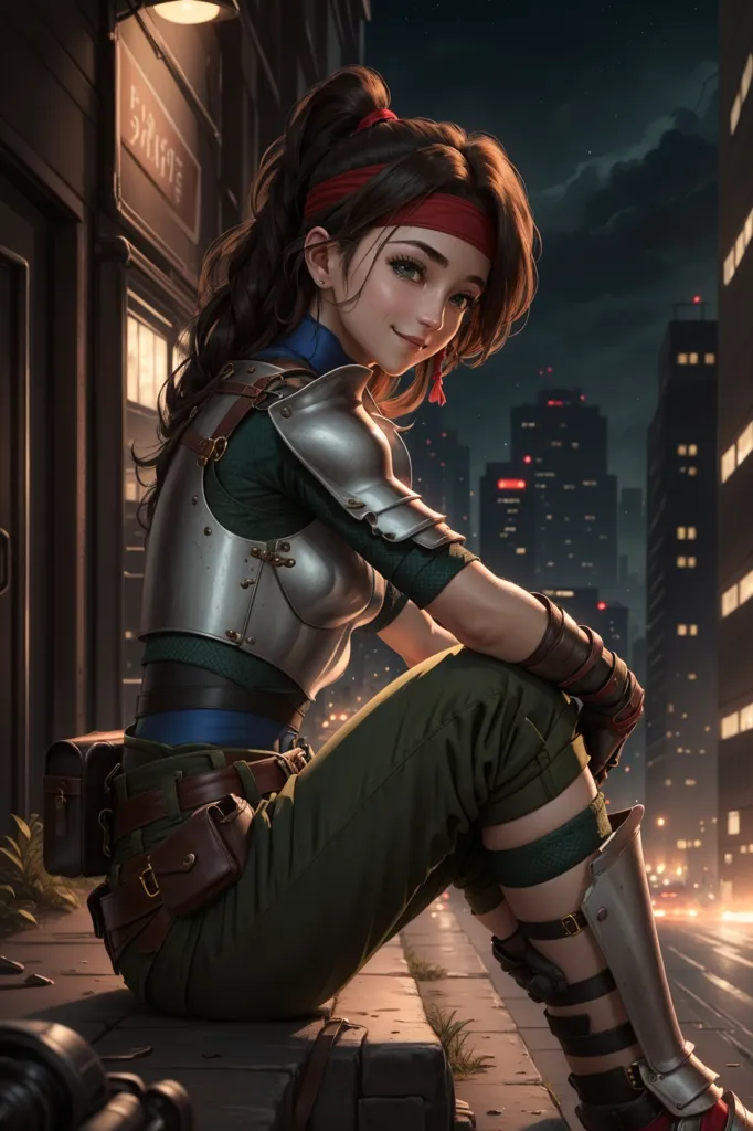 The image shows a young woman sitting on a ledge in a city at night. She is wearing a green vest, brown pants, and a metal breastplate. She has a ponytail, brown eyes, and a friendly smile on her face. She is wearing a brown belt with a pouch on her right hip and a gauntlet on her left hand. The city is in the background and is out of focus.