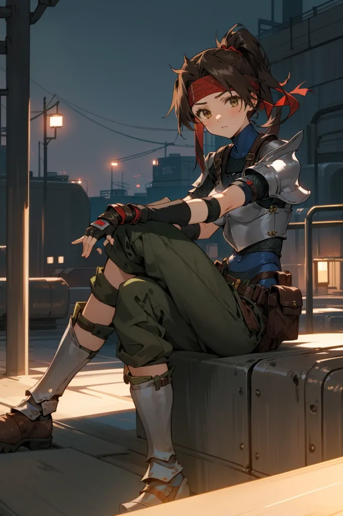 A young woman is sitting on a metal box in a city. She is wearing a green shirt, brown pants, and a red headband. She has a sword on her back and a pouch on her hip. The city is in the background and is lit by streetlights.