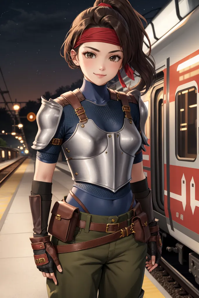 The image shows a young woman standing on a train platform. She is wearing a blue vest, brown pants, and a metal breastplate. She has a red headband and brown ponytail. She is also wearing a brown belt with a pouch on her right hip and brown gloves. She has a serious expression on her face. There is a train in the background.