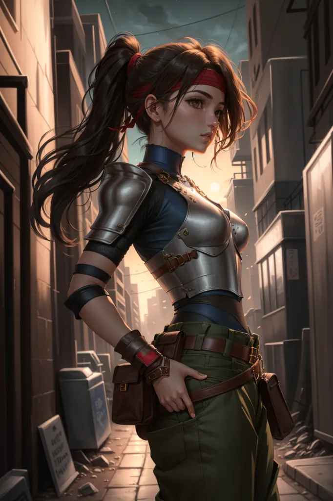 This is an image of a young woman standing in an alleyway. She is wearing a blue and gray outfit and has a sword on her back. She has brown hair and green eyes and is looking at the viewer with a serious expression. The background is blurred and shows a city street with buildings and a sky with clouds.