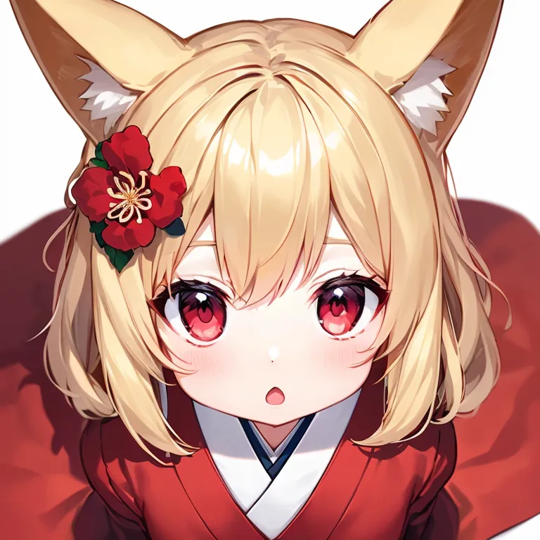 The image is a digital painting of a young girl with fox ears and red eyes. She is wearing a red kimono with white and gold accents. Her hair is long and blonde. She has a flower in her hair and is looking at the viewer with a surprised expression on her face. The background is white.